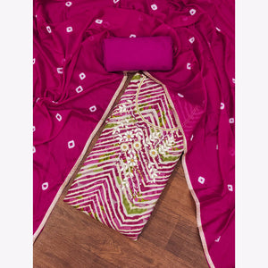 Magenta Zig Zag Printed With Floral Handwork Roman Cotton Silk Dress Material