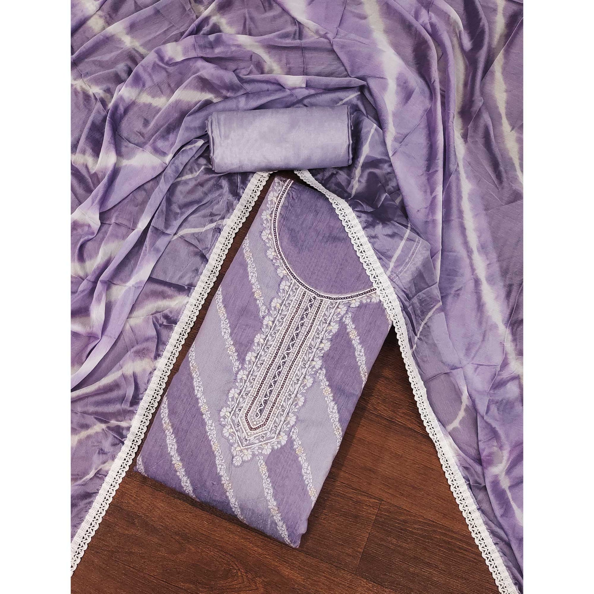 Lavender Floral Woven With Handwork Banarasi Silk Dress Material