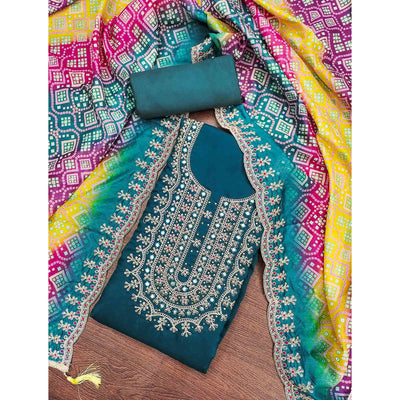 Morpich Floral Embroidery With Stonework Roman Cotton Silk Dress Material