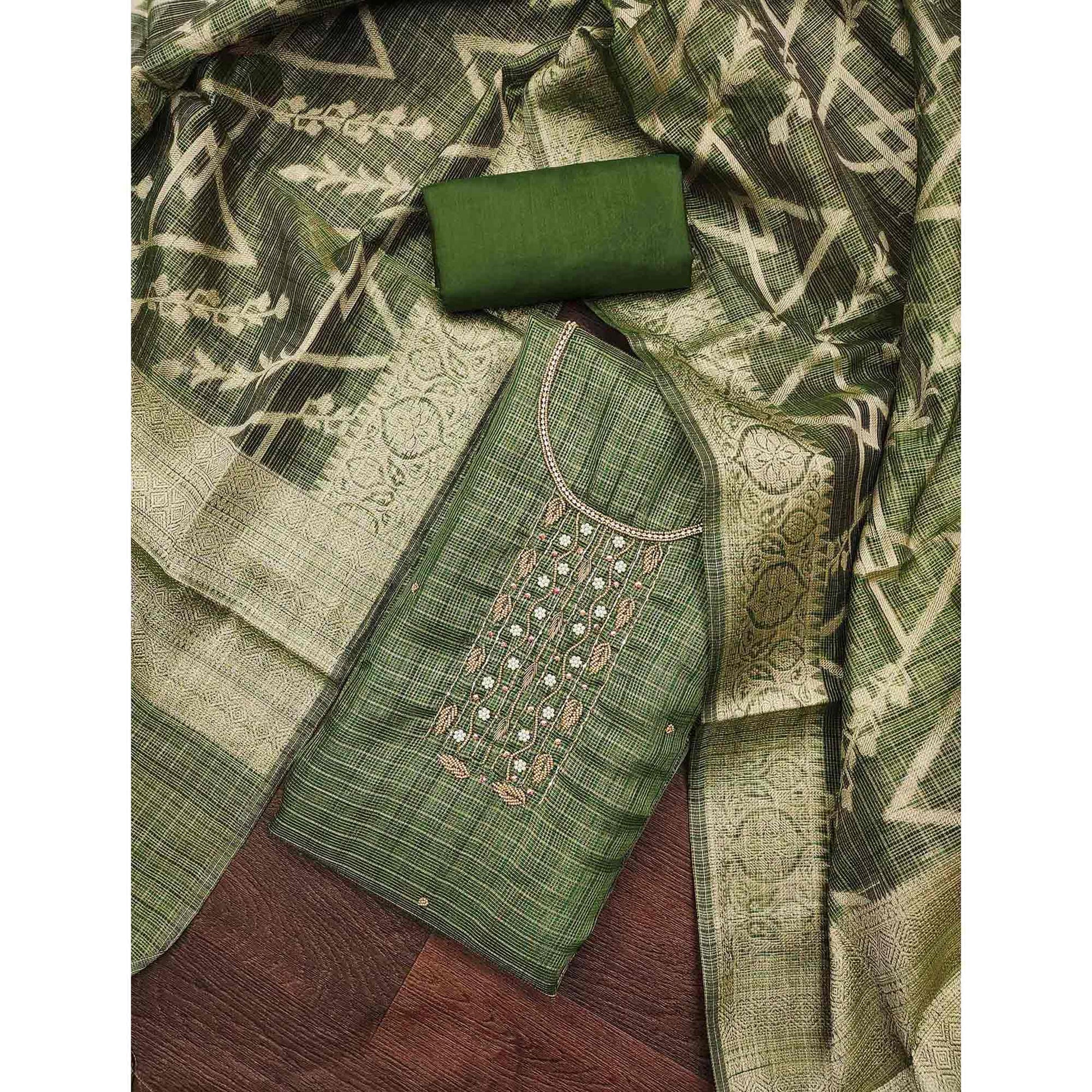 green-floral-handwork-with-woven-viscose-dress-material