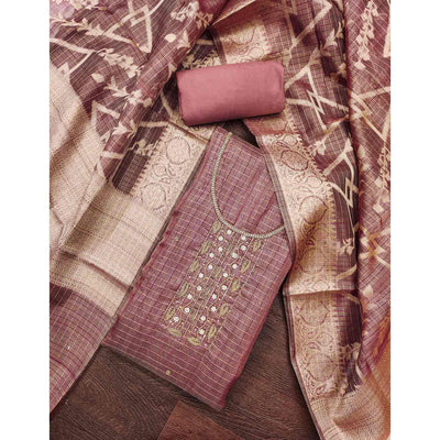 Mauve Floral Handwork With Woven Viscose Dress Material