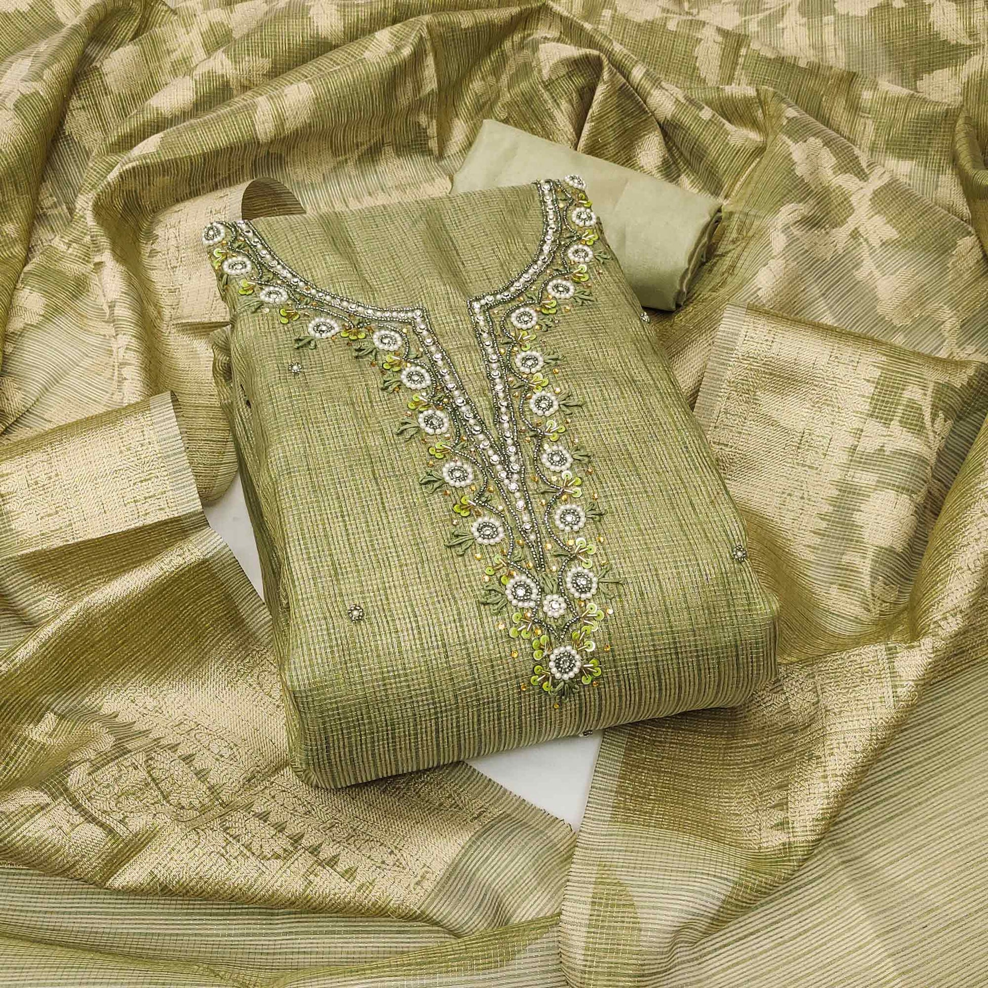 green-woven-with-moti-handwork-viscose-dress-material