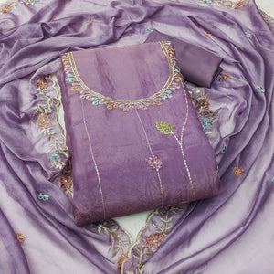 Lavender Floral Sequins Embroidered Viscose Golden Crush Dress Material