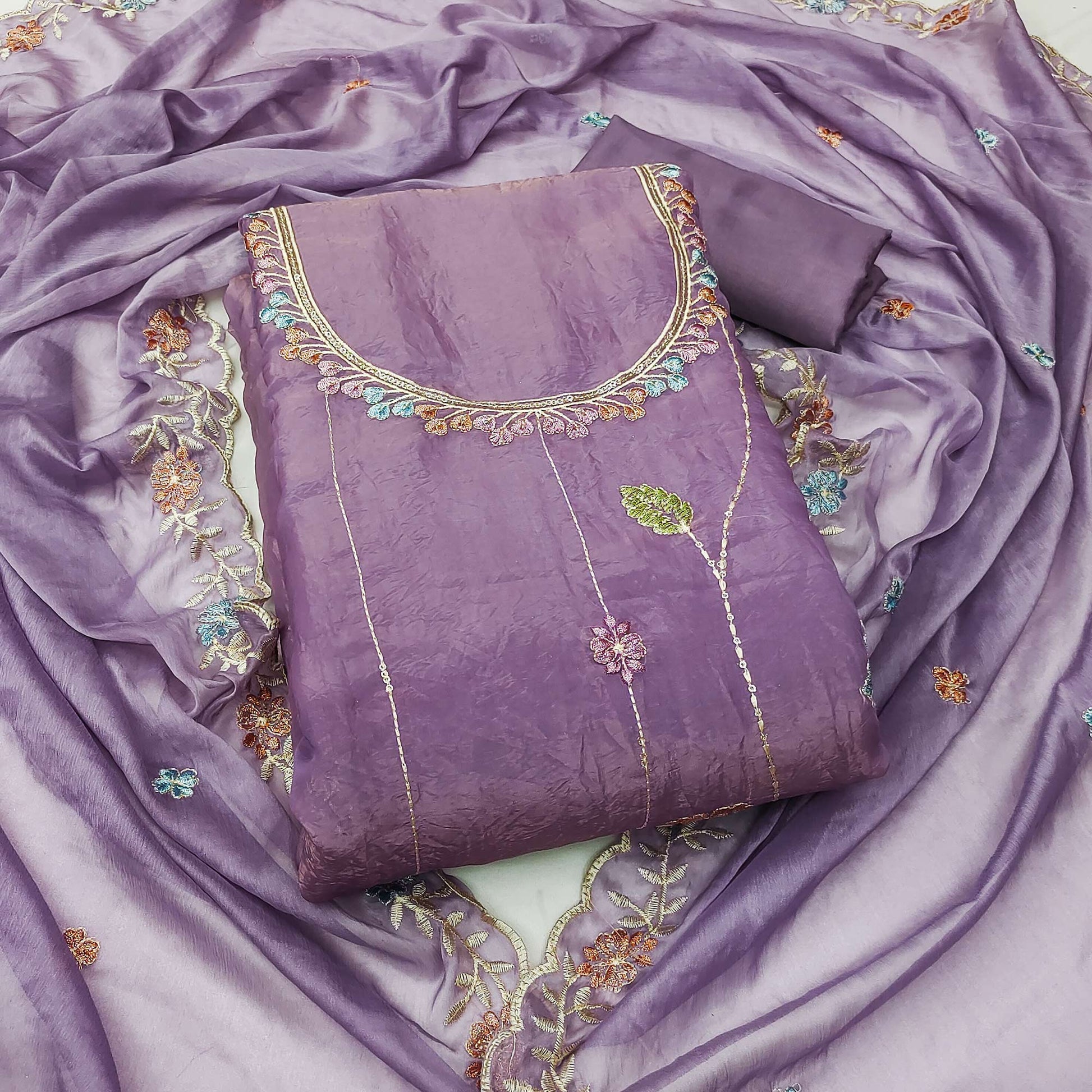 Lavender Floral Sequins Embroidered Viscose Golden Crush Dress Material