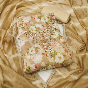 Chikoo Floral Digital Printed With Handwork Muslin Dress Material