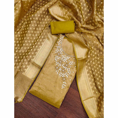 Dark Mustard Floral Moti & Gota Patti Handwork Viscose Dress Material