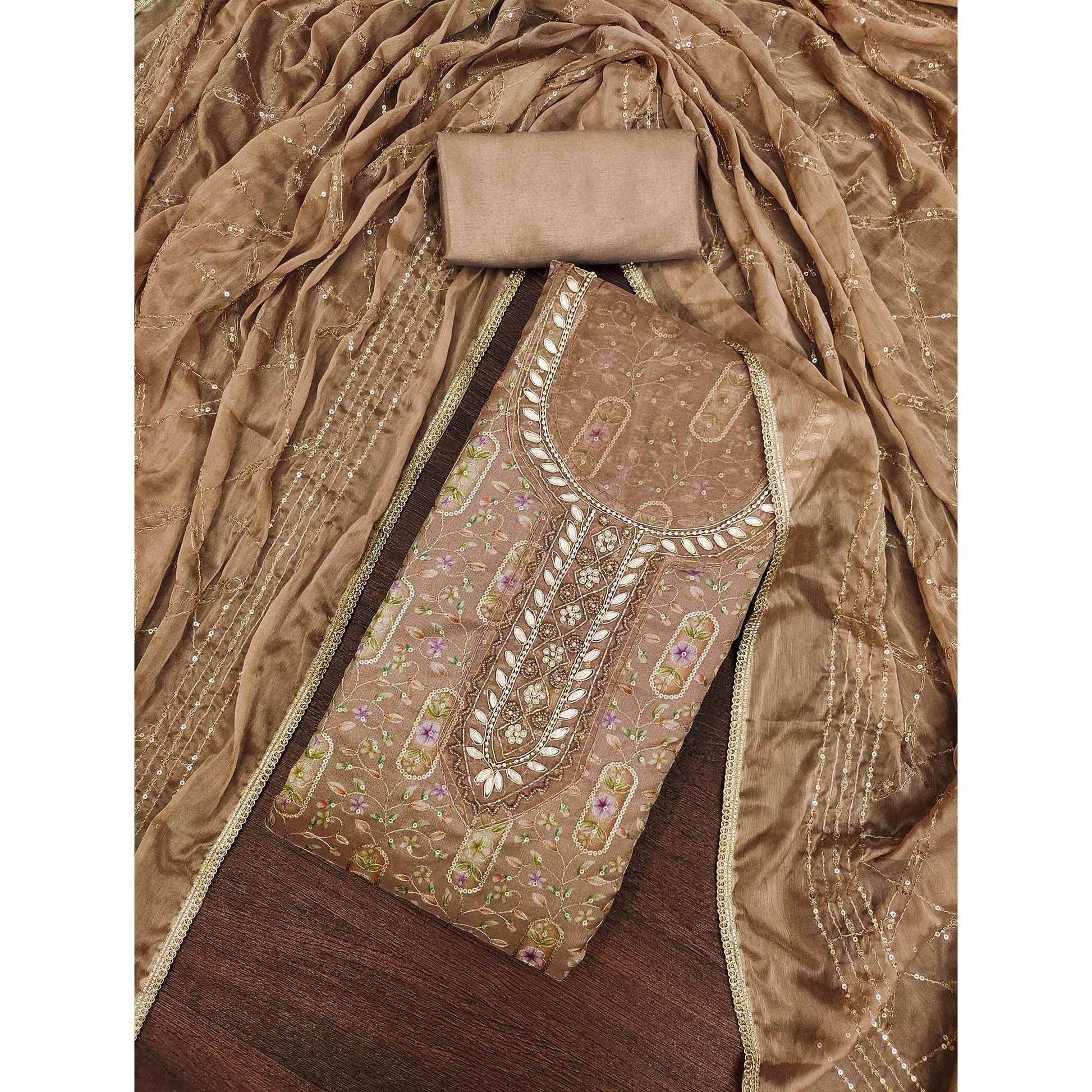 Chikoo Floral Sequins Embroidery With Handwork Organza Dress Material