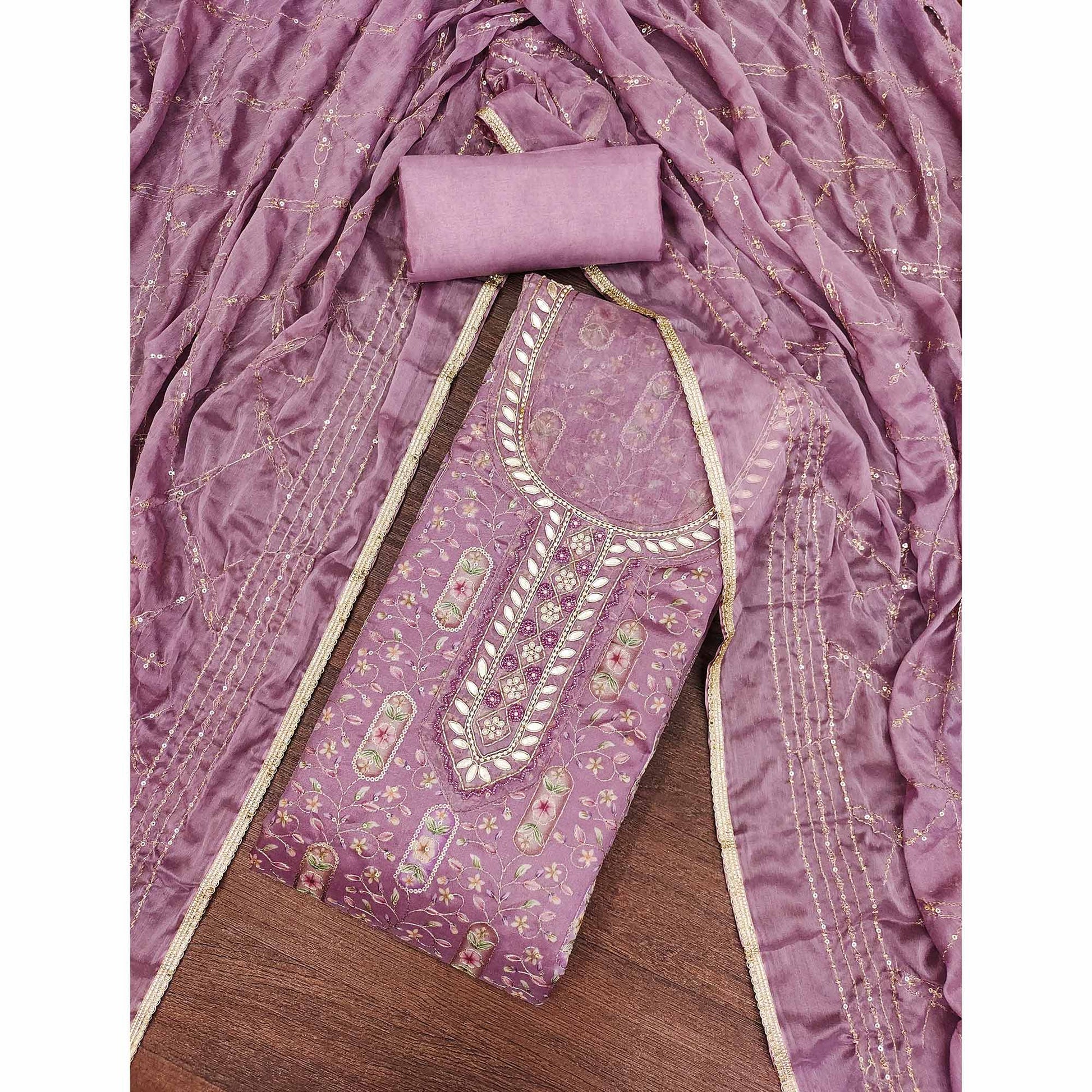 Mauve Floral Sequins Embroidery With Handwork Organza Dress Material