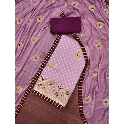 Light Purple Zari Embroidery With Handwork Roman Cotton Silk Dress Material