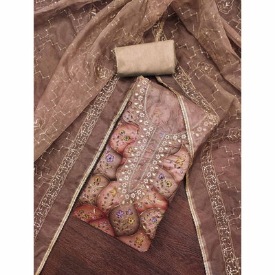 Dark Brown Floral Sequins Embroidery With Handwork Organza Dress Material