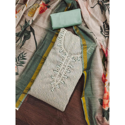 Dusty Green Digital Printed With Handwork Modal Chanderi Silk Dress Material