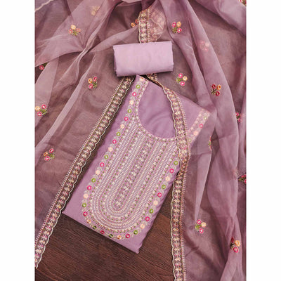 Light Purple Floral Embroidered Roman Cotton Silk Dress Material