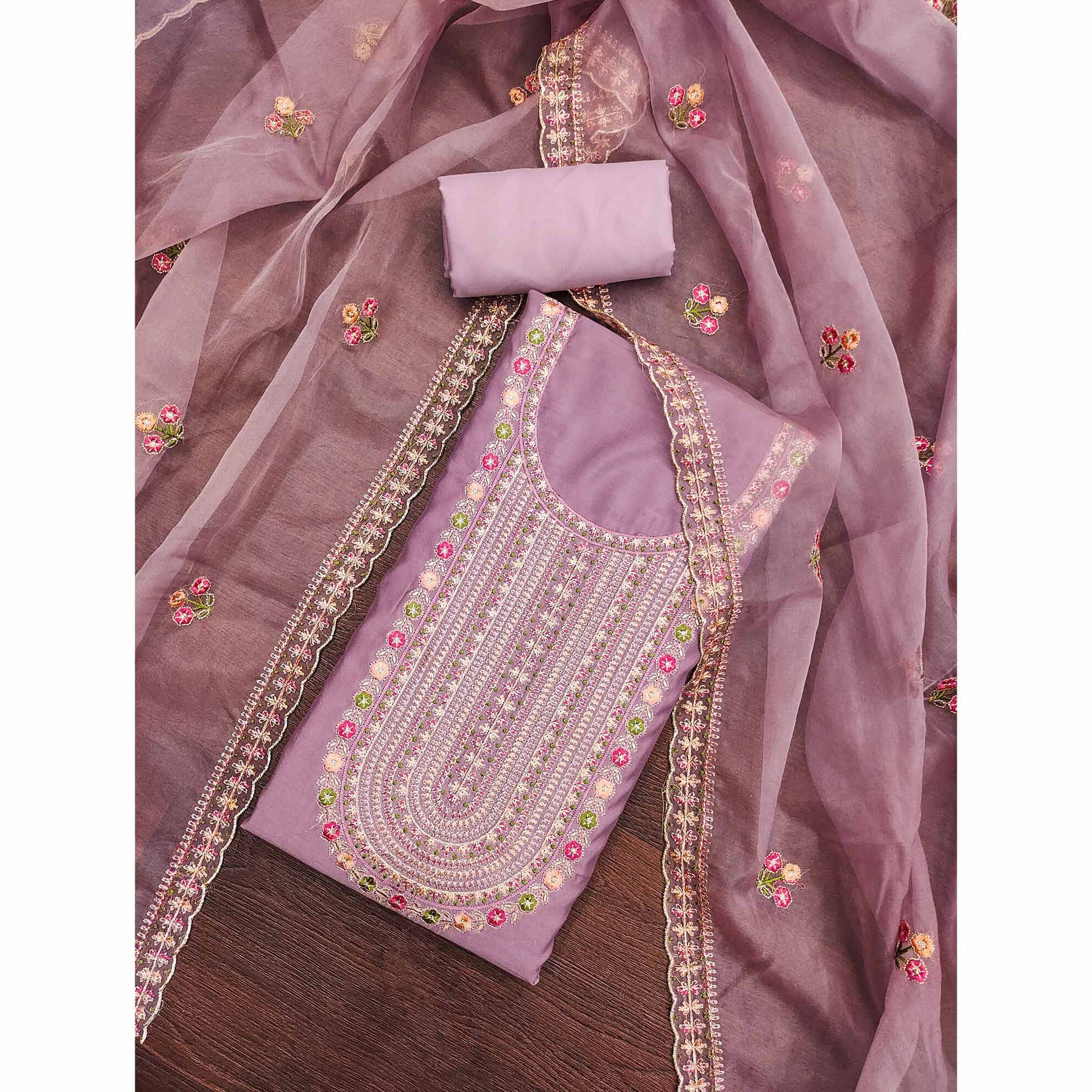 Light Purple Floral Embroidered Roman Cotton Silk Dress Material