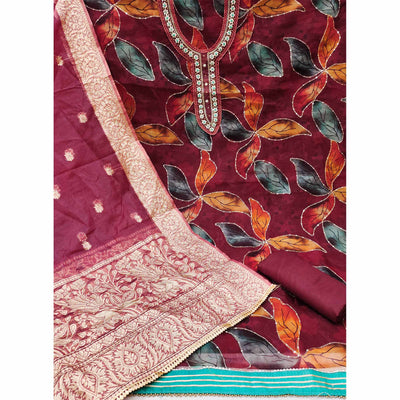 Maroon Floral Printed With Hand Embroidered Organza Dress Material