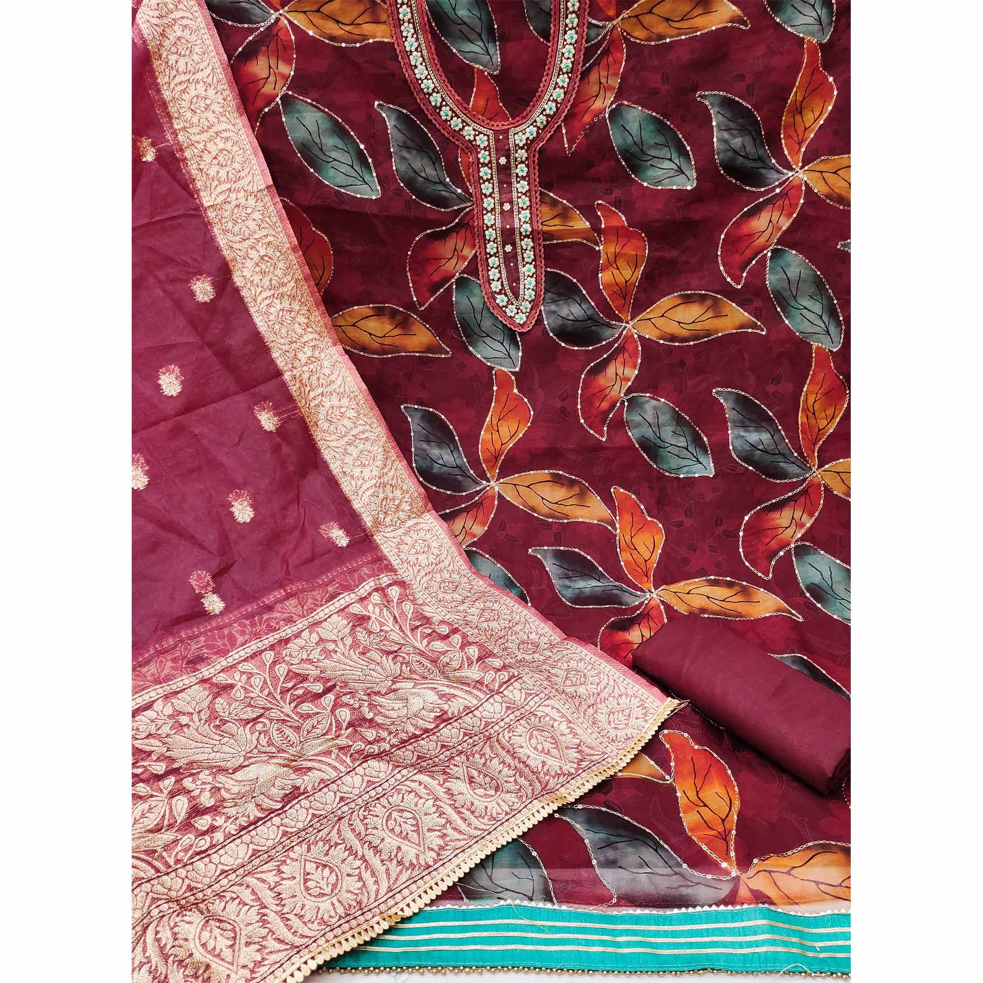 Maroon Floral Printed With Hand Embroidered Organza Dress Material