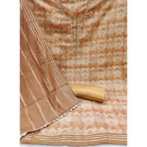 Brown Printed With Handwork Chanderi Silk Dress Material