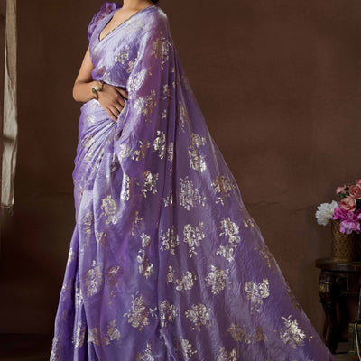 Lavender Floral Foil Printed Satin Silk Saree With Zarkan Border