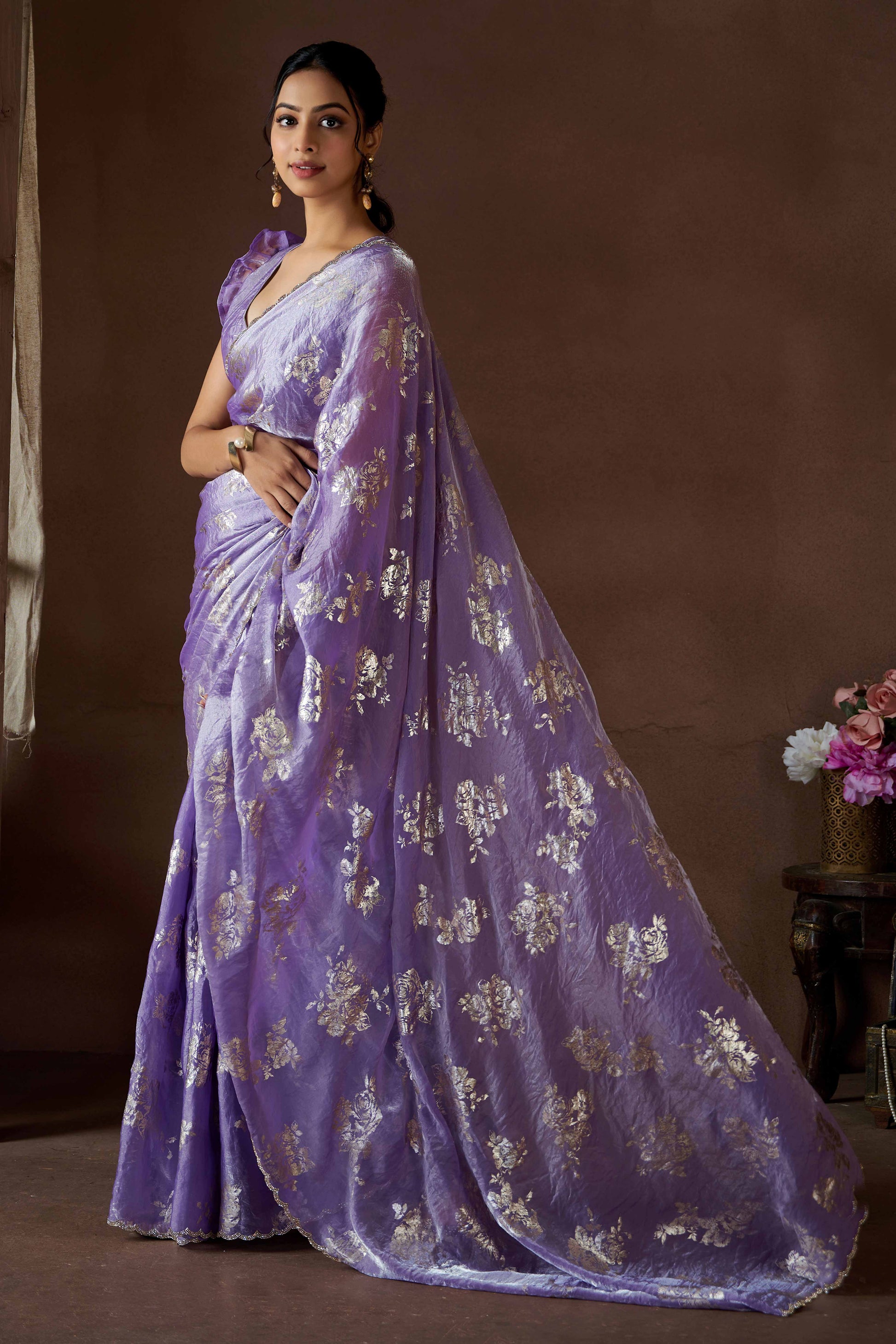 Lavender Floral Foil Printed Satin Silk Saree With Zarkan Border