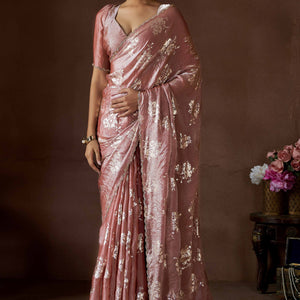 Dusty Rose Pink Floral Foil Printed Satin Silk Saree With Zarkan Border