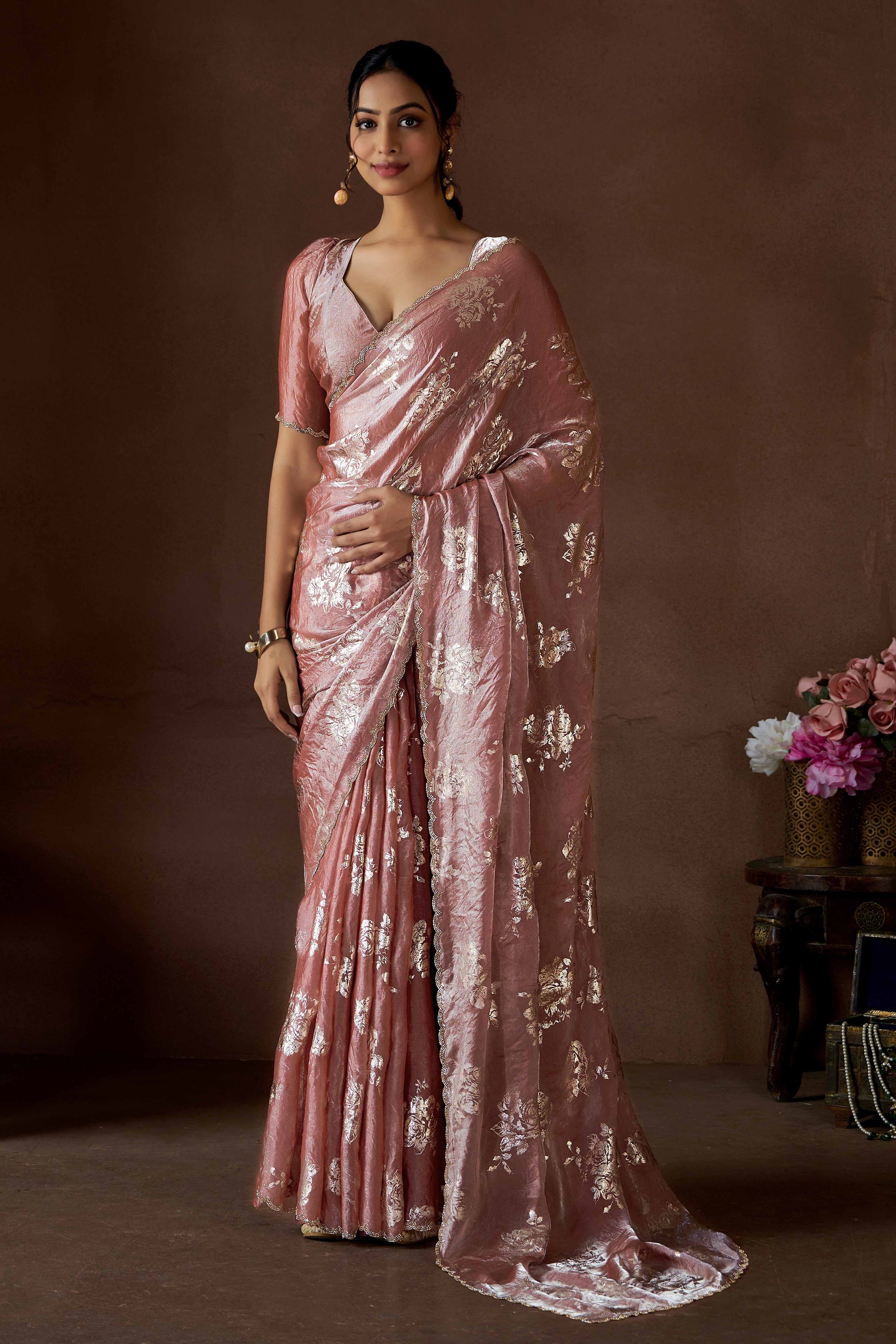 Dusty Rose Pink Floral Foil Printed Satin Silk Saree With Zarkan Border
