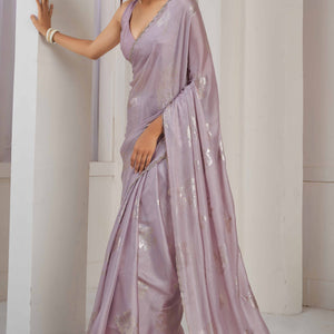 Lavender Floral Printed Stone Work Satin Saree