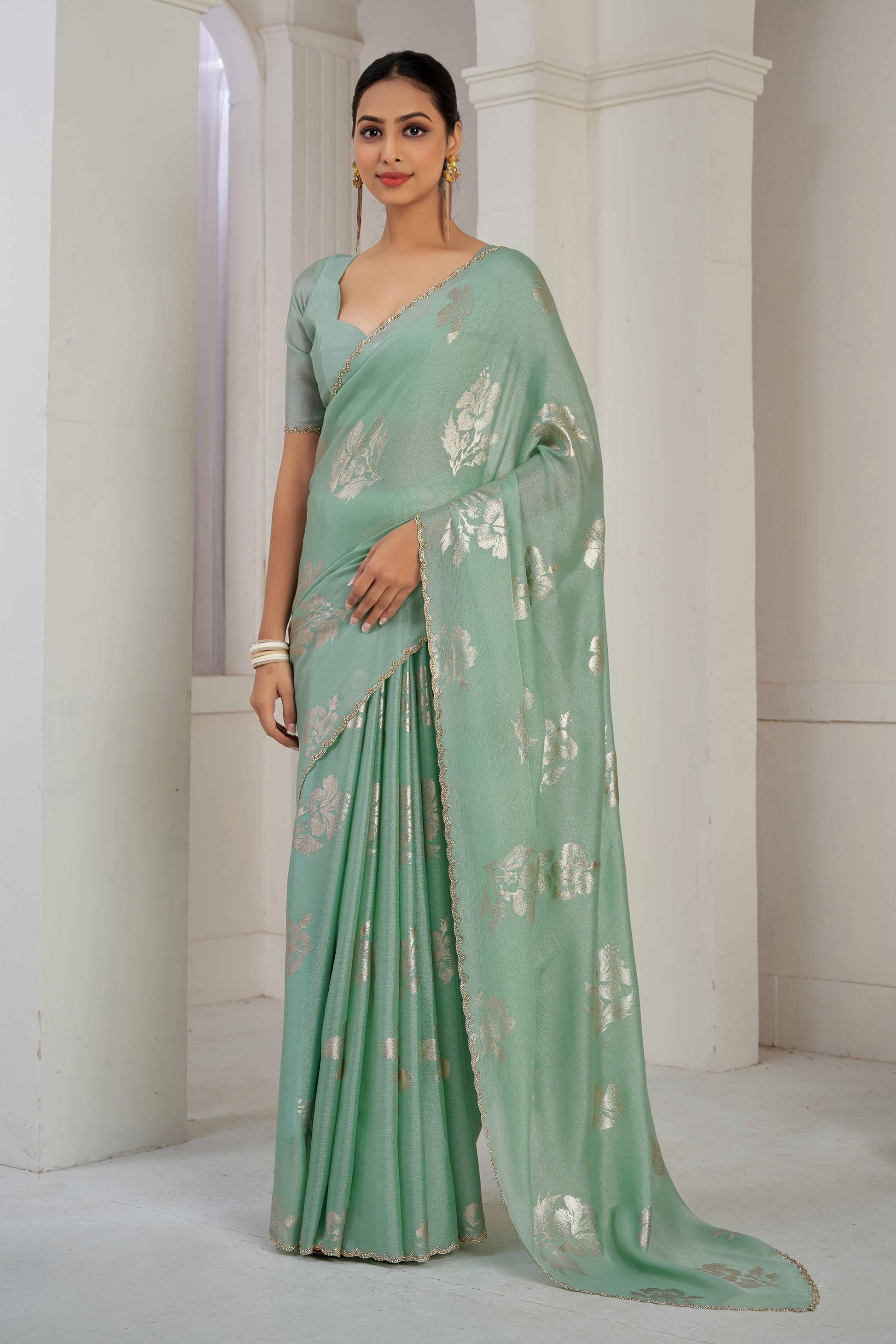green-floral-printed-stone-work-satin-saree