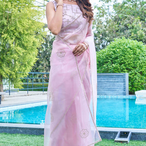 Lavender Stone Work Embroidered Organza Saree