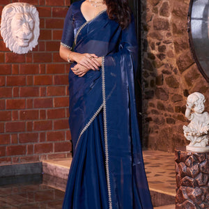 Blue Swarovski Work Embroidered Satin Silk Saree