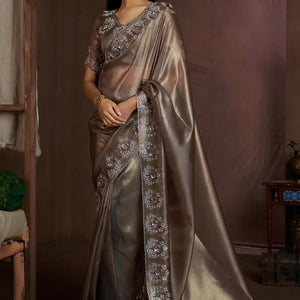 Dark Beige Floral Sequins With Zarkan Work Organza Saree