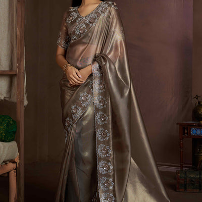 Dark Beige Floral Sequins With Zarkan Work Organza Saree