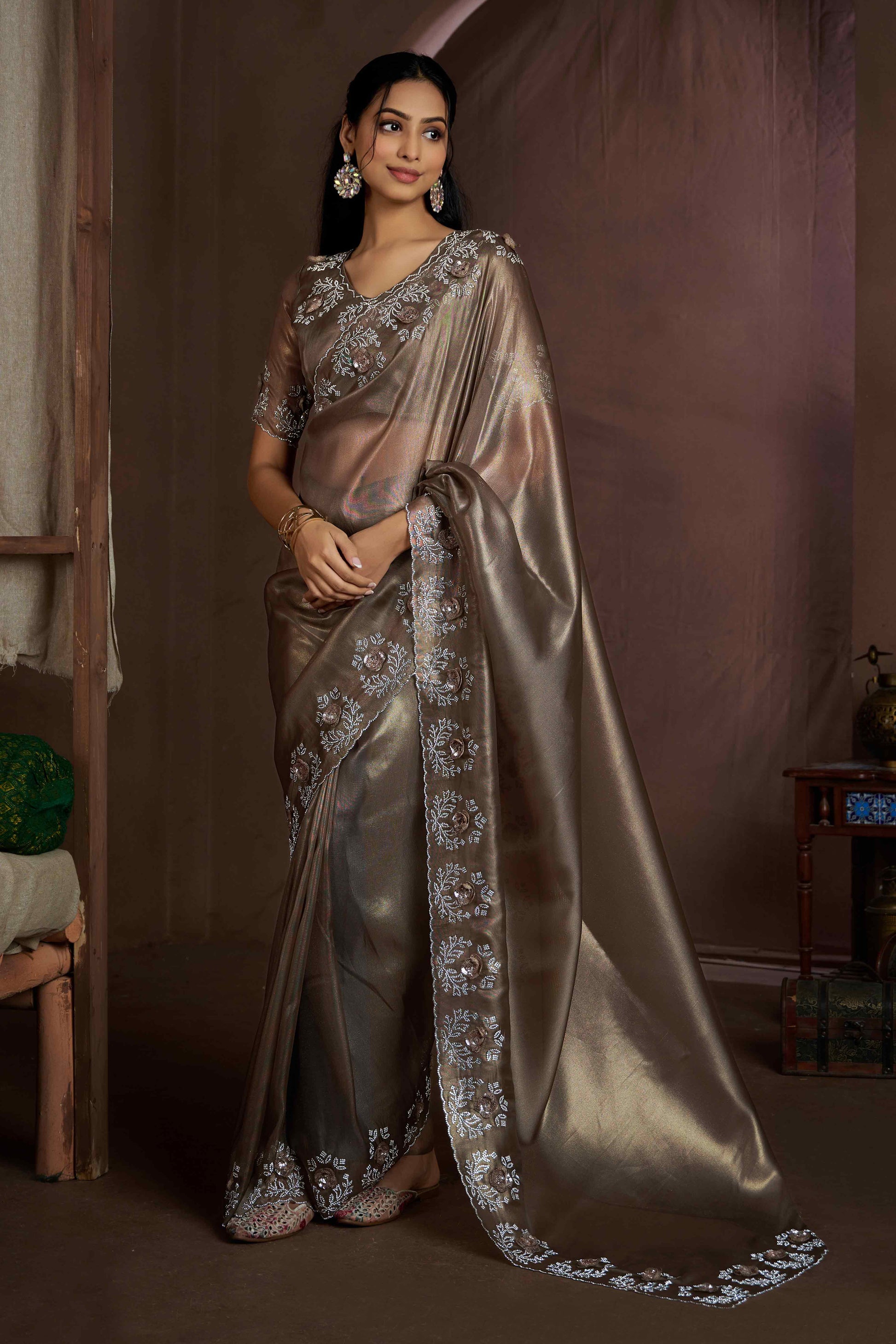Dark Beige Floral Sequins With Zarkan Work Organza Saree