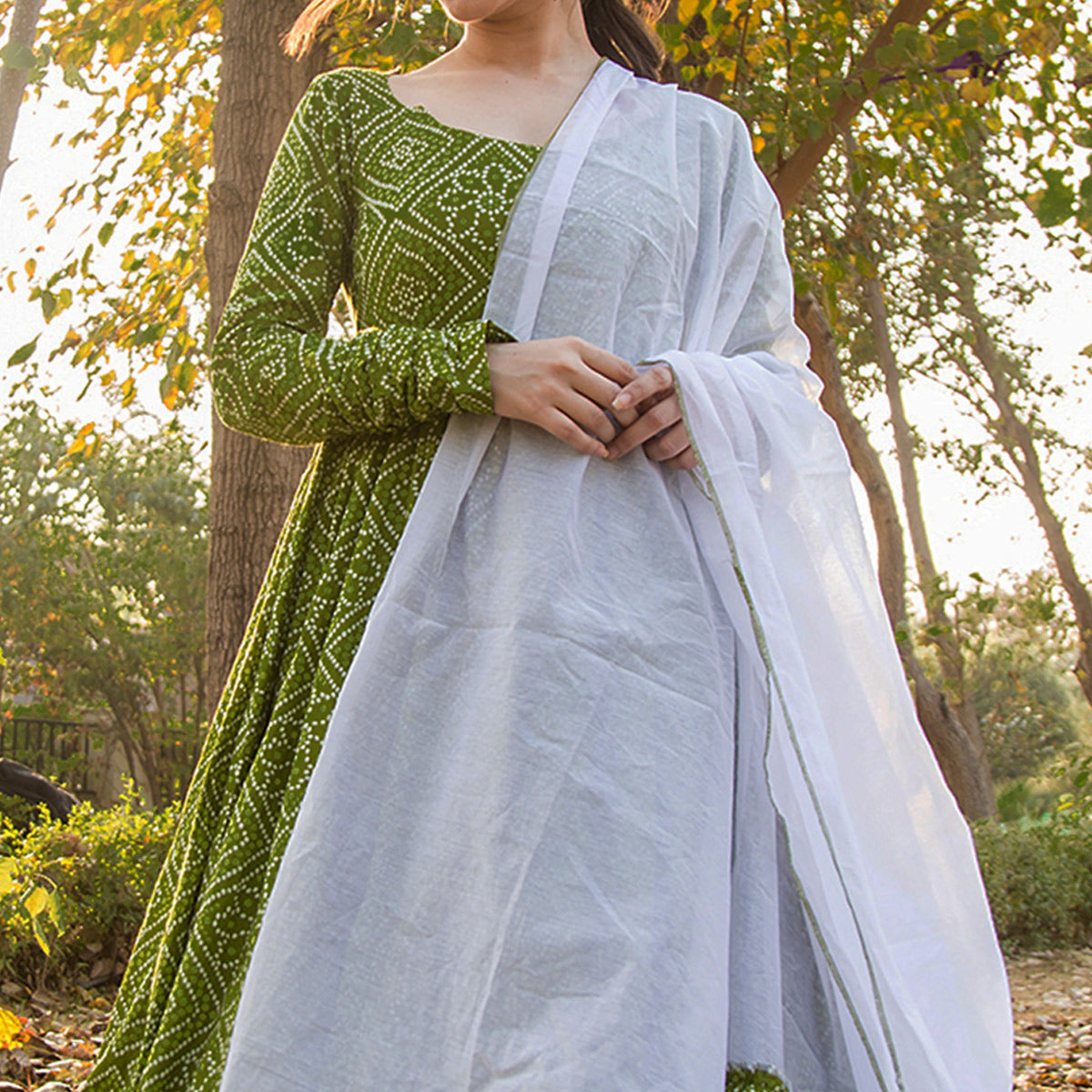 green-bandhani-printed-rayon-gown-with-dupatta