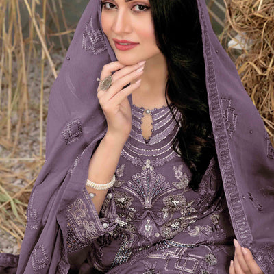 Dusty Purple Floral Embroidered Heavy Georgette Dress Material