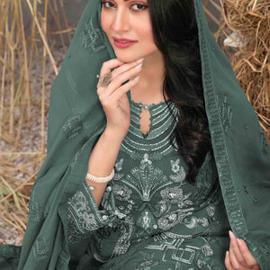 Dusty Green Floral Embroidered Heavy Georgette Dress Material