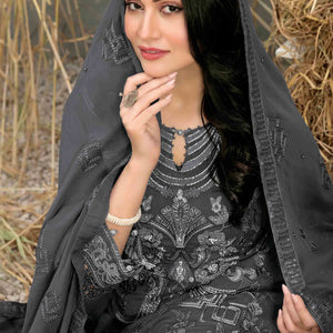 Dark Grey Floral Embroidered Heavy Georgette Dress Material