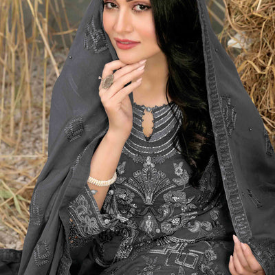 Dark Grey Floral Embroidered Heavy Georgette Dress Material