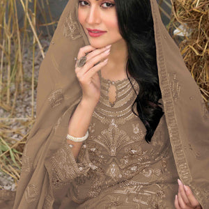 Brown Floral Embroidered Heavy Georgette Dress Material
