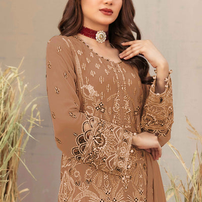 Chikoo Floral Embroidered Heavy Georgette Dress Material