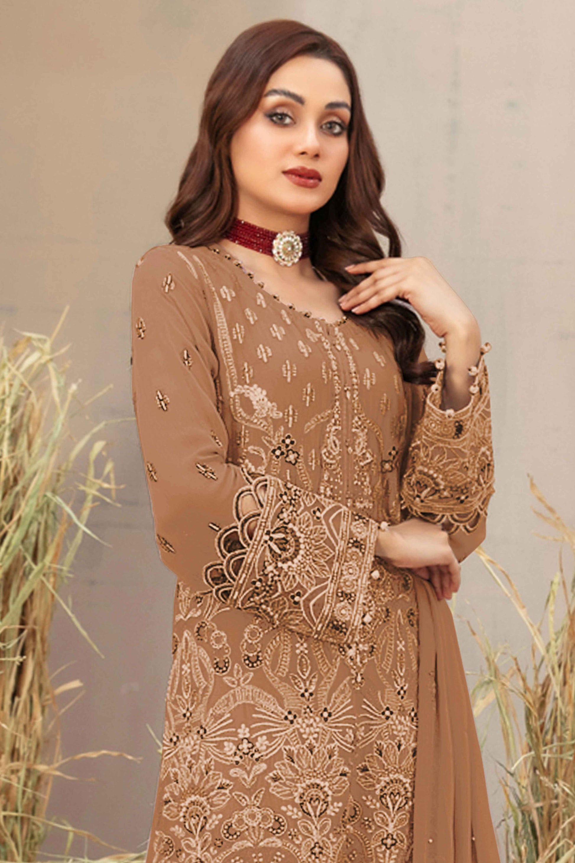 Chikoo Floral Embroidered Heavy Georgette Dress Material