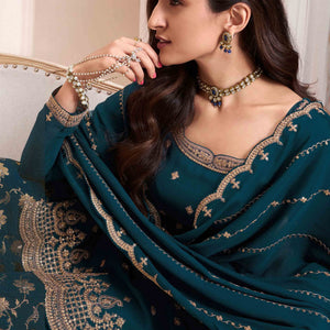 Dark Teal Floral Sequins Embroidered Chinon Palazzo Suit