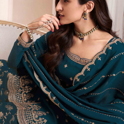 Dark Teal Floral Sequins Embroidered Chinon Palazzo Suit