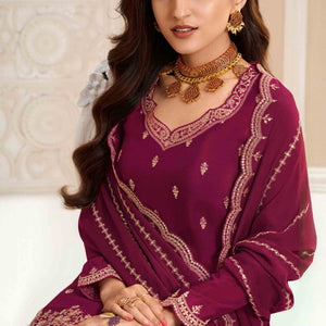 Dark Magenta Floral Sequins Embroidered Chinon Palazzo Suit
