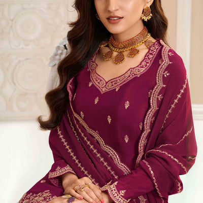 Dark Magenta Floral Sequins Embroidered Chinon Palazzo Suit