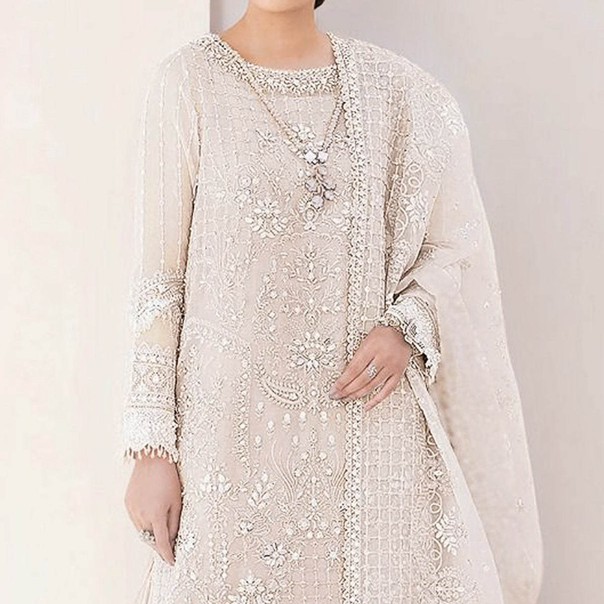 Cream Sequins Embroidered Georgette Sharara Suit