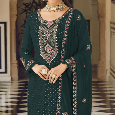 Dark Green Sequins Embroidered Georgette Semi Stitched Salwar Suit