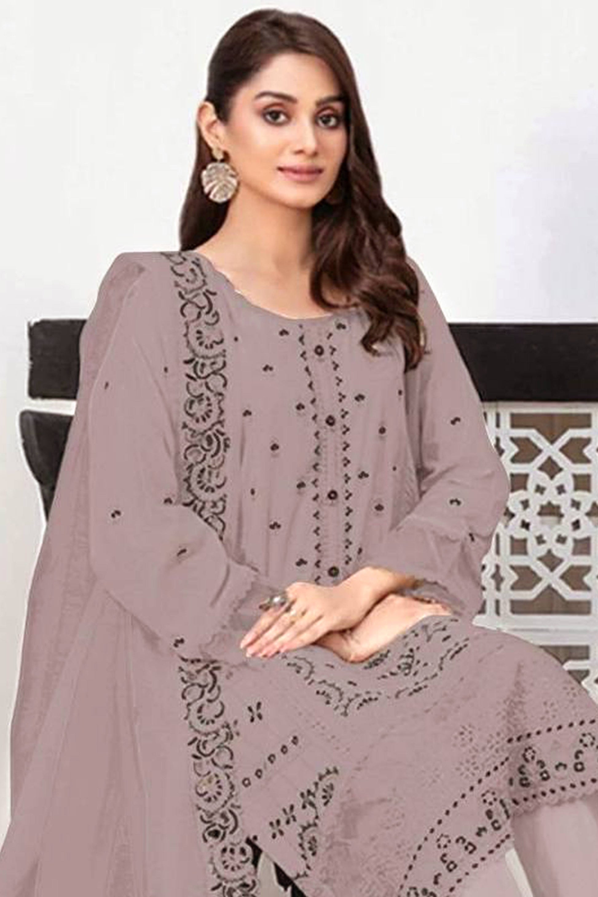 Dusty Mauve Heavy Embroidered Work Georgette Dress Material