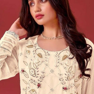 Cream Heavy Embroidered Work Georgette Dress Material