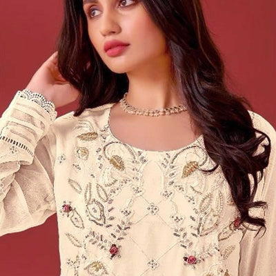 Cream Heavy Embroidered Work Georgette Dress Material