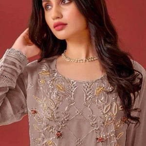 Brown Heavy Embroidered Work Georgette Dress Material