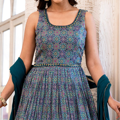 Morpich Blue Printed Dola Silk Anarkali Style Gown With Mirror Work